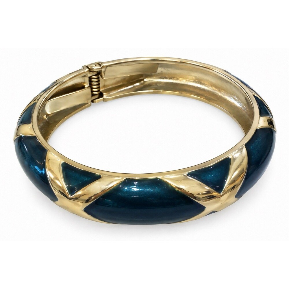 Vintage Gold Tone Blue Enamel Hinged Bangle Bracelet Geometric Crossover Design